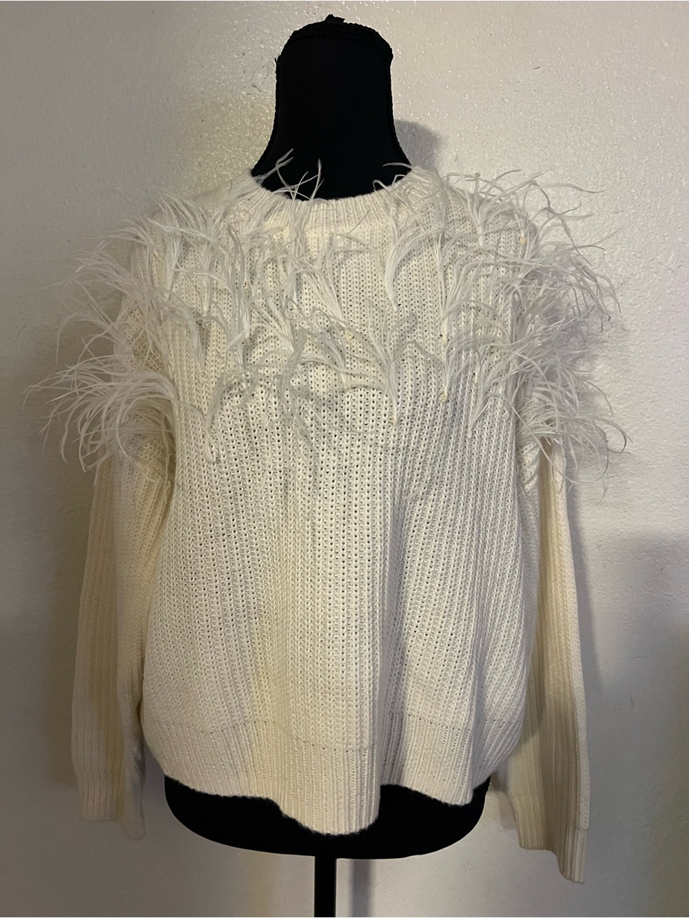 cinq a sept Ivory Feather-Trim Crewneck Sweater